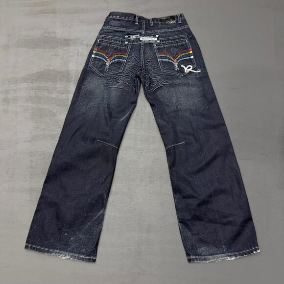 Y2K Rocawear Button Fly Embroidered Distressed Faded Wide Leg Jeans 30 x 30 - Picture 1 of 6